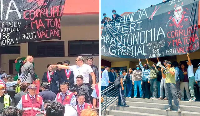 Estudiantes desplegaron una banderola en el comedor universitario para protestar contra la rectora Jerí Ramón. Foto: composición LR/difusión