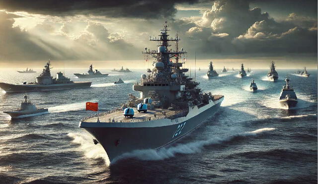 La competencia naval en el Indo-Pacífico se intensifica, ya que China, bajo Xi Jinping, ha aumentado su poderío militar, poniendo en riesgo la dominación de EE. UU. en la región. Foto: DALL.E