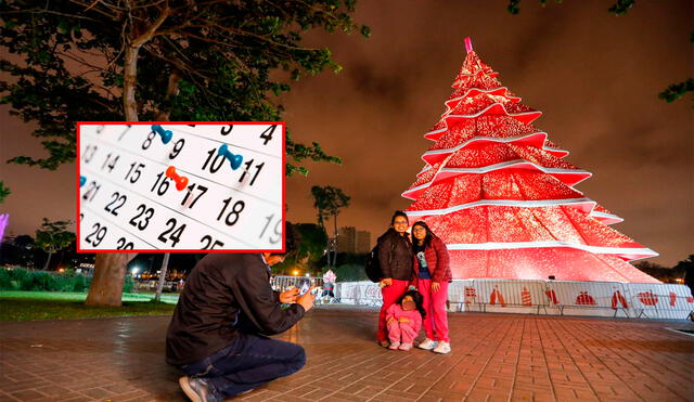 Familia disfruta de tomarse fotos junto al gigante árbol de Navidad color rojo.  Foto: Composición LR/Andina.