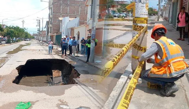 Un gran agujero se ha formado en la avenida Belaunde de Chiclayo, Lambayeque, tras intensas lluvias. Foto: composición LR/Andina