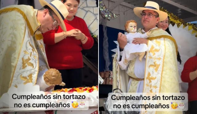 Sacerdote da tortazo a "niño Jesús" en Navidad y redes estallan: "Ahorita nos mandan otra pandemia". Foto: composición LR/Captura TikTok analialedesmaec