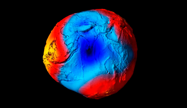 El "agujero gravitacional" en el océano Índico es la mayor baja del geoide en la Tierra, donde la gravedad es más débil debido a una distribución desigual de la masa terrestre. Foto: Geophysical Research Letters