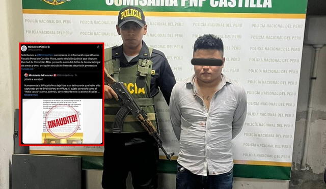 El Ministerio del Interior reacciona con indignación tras la liberación del delincuente Christhian Mija, capturado por tenencia ilegal de armas en Piura. Foto: PNP Piura/X