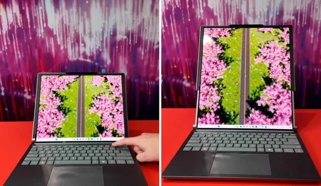 Pulsando solo un botón, la pantalla de esta laptop se expande hacia arriba. Foto: Engadget /YouTube