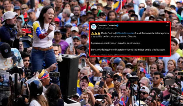 María Corina Machado fue interceptada a la salida de su concentración en Chacao, Venezuela. Foto: composición LR/ AP/ X/ Comando con Venezuela