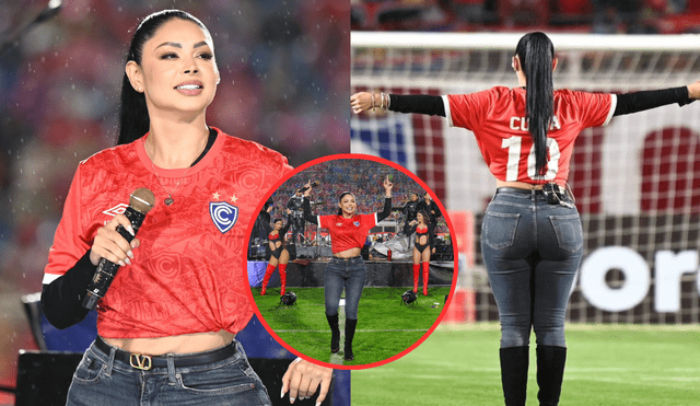 Pamela Franco se presentó en la ‘Noche del Rojo Imperial’ de Cienciano y vistió la camiseta de Christian Cueva. Foto: Composición LR/X