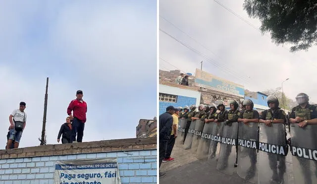 Ante la llegada del personal municipal, los comerciantes se subieron a los techos del mercado. Foto: composición LR.