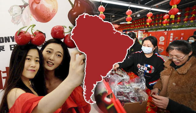 Las cerezas chilenas destacan en el mercado chino, siendo el principal producto exportado de América Latina. En la temporada 2023-2024, las importaciones alcanzaron los US$2.260 millones. Foto: composición LR/Xinhua/La Tercera