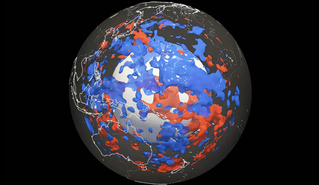 Científicos descubrieron zonas del manto inferior de la Tierra donde las ondas sísmicas viajan más despacio o más deprisa. La gran zona azul del Pacífico era desconocida hasta ahora. Foto: ETH Zurich