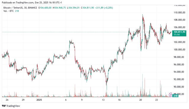  El 20 de enero cuando Trump asumió la presidencia alcanzó nuevo récord con US$109.000 en valor. Foto:&nbsp;TradingView   