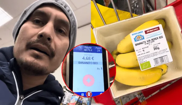 Peruano se asombra por precio de plátano bizcocho del Perú en supermercado de Italia. Foto: composición LR/YouTube/JC CAP