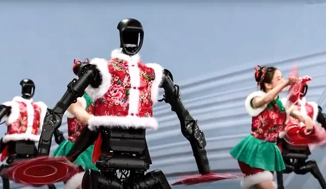 El baile Yangge, símbolo del Año Nuevo chino, fue reinterpretado por robots que mostraron una coordinación excepcional. Foto: captura SMCP