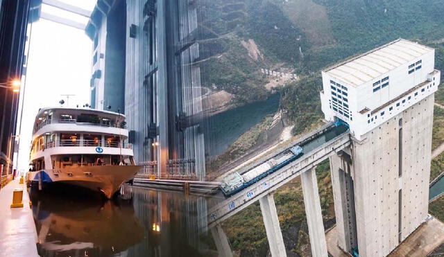 El ascensor de barcos en la presa de las Tres Gargantas es una obra colosal de ingeniería china que ha transportado más de 15,49 millones de toneladas de carga. Foto: composición LR/Xinhua/CCTV