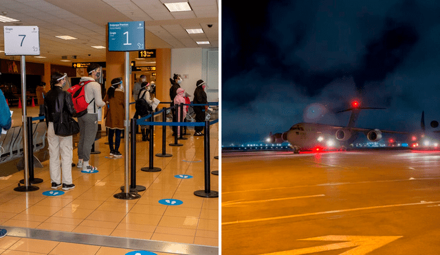 El primer vuelo enviado de Estados Unidos trajo a 34 peruanos. Se espera la llegada de otros 40. Fotocomposión