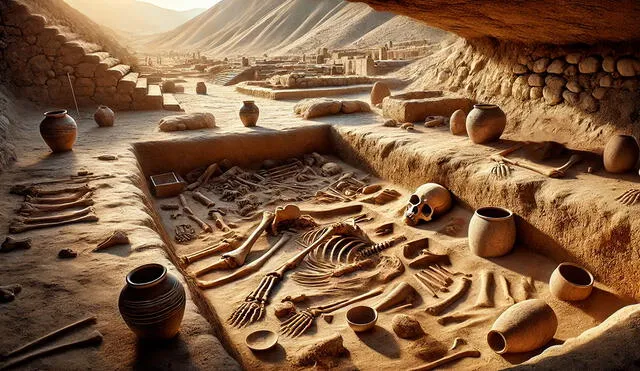 Los arqueólogos revelaron que el yacimiento funerario tiene una antigüedad de 1300 años. Foto: ChatGPT IA