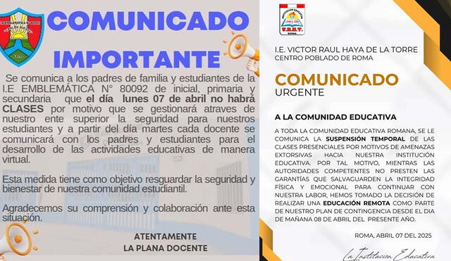 Colegios emitieron comunicados suspendiendo labores.