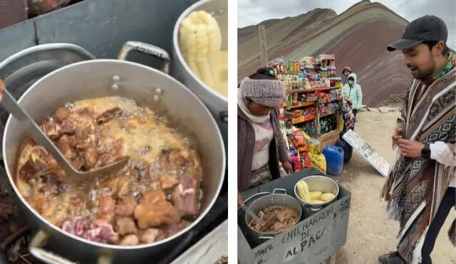 El tiktoker quedó impresionado al probar el chicharrón de alpaca en el Vinicunca o Montaña de 7 Colores. Foto: composición LR/ TikTok / @alexserrano.1