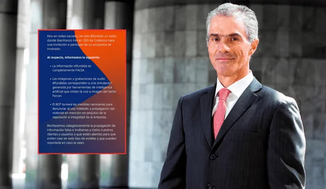 BCP señala que tomará medidas para detener la propagación de video falsificado del CEO de Credicorp. BCP señala que tomará medidas para detener la propagación de video falsificado del CEO de Credicorp.