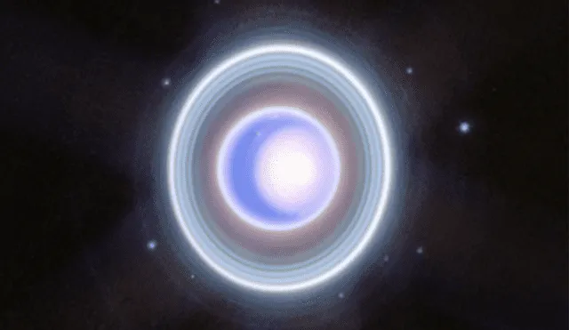 Astrónomos capturan con gran precisión el casquete polar norte estacional de Urano y sus tenues anillos interior y exterior. Foto: NASA, ESA, CSA, STScI Astrónomos capturan con gran precisión el casquete polar norte estacional de Urano y sus tenues anillos interior y exterior. Foto: NASA, ESA, CSA, STScI