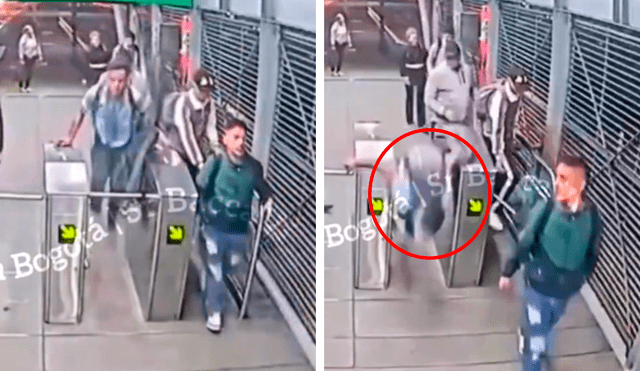 El joven intentó evadir el pago en el sistema de transporte TransMilenio de Bogotá, impulsándose sobre dos torniquetes. Foto: Composición LR/X/@PasaenBogota. El joven intentó evadir el pago en el sistema de transporte TransMilenio de Bogotá, impulsándose sobre dos torniquetes. Foto: Composición LR/X/@PasaenBogota.