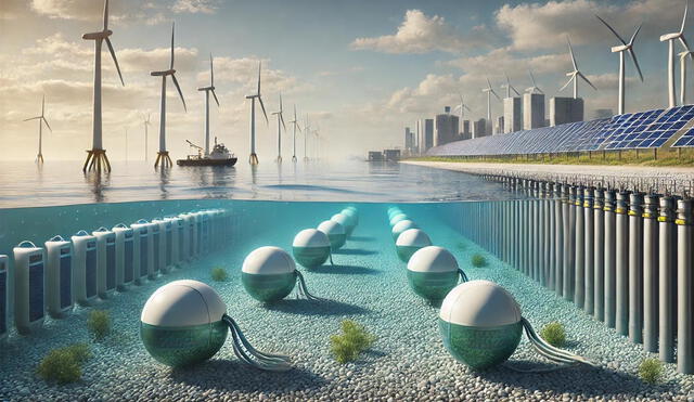 Un equipo de científicos alemanes desarrolla StEnSea, un sistema innovador que utiliza bolas de hormigón en el fondo marino para almacenar y generar energía limpia, evitando materiales contaminantes. Foto: DALL.E Un equipo de científicos alemanes desarrolla StEnSea, un sistema innovador que utiliza bolas de hormigón en el fondo marino para almacenar y generar energía limpia, evitando materiales contaminantes. Foto: DALL.E
