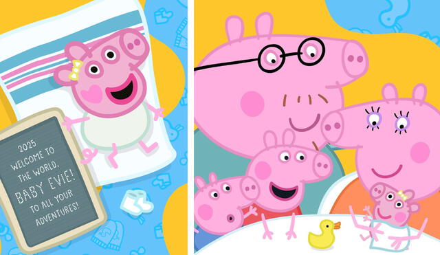 Peppa Pig y el resto de la familia cerdito le dan la bienvenida a la recién nacida Evie. Peppa Pig y el resto de la familia cerdito le dan la bienvenida a la recién nacida Evie.