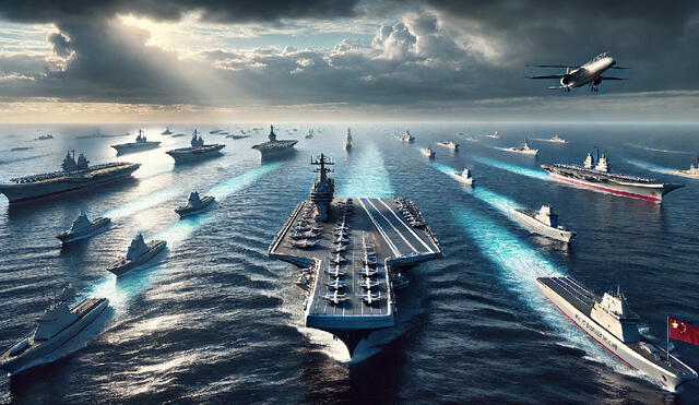 En 2025, China se convierte en la mayor potencia naval del mundo, según el Global Firepower Index, con 754 embarcaciones que superan a EE. UU. y Rusia. Foto: DALL-E En 2025, China se convierte en la mayor potencia naval del mundo, según el Global Firepower Index, con 754 embarcaciones que superan a EE. UU. y Rusia. Foto: DALL-E