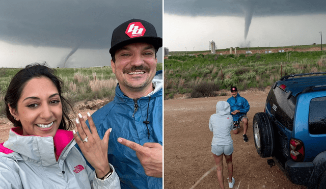La propuesta frente al tornado fue captada por un amigo cazador de tormentas.