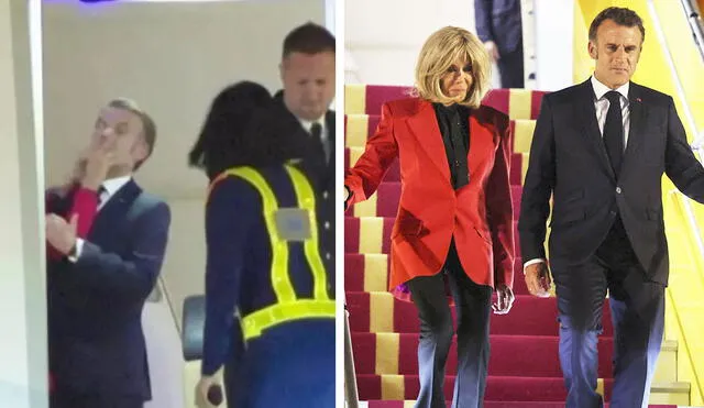 Emmanuel Macron y su esposa, Brigitte, protagonizan un incidente incómodo al llegar a Hanói, durante su gira por el Sudeste Asiático. Foto: composición LR/AFP Emmanuel Macron y su esposa, Brigitte, protagonizan un incidente incómodo al llegar a Hanói, durante su gira por el Sudeste Asiático. Foto: composición LR/AFP
