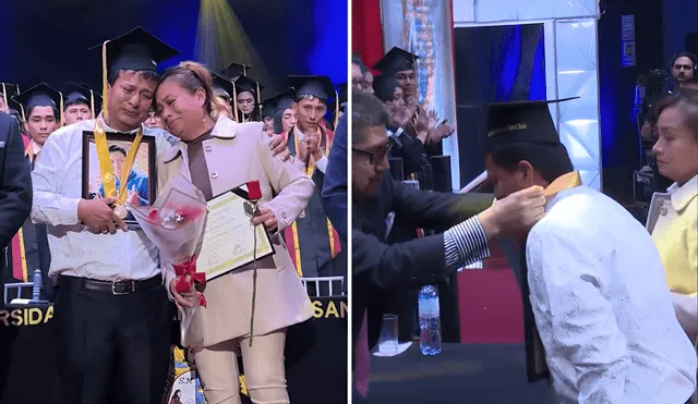 Autoridades de la UNMSM otorgaron diploma, birrete y medalla de graduación a padres de estudiante fallecido. Foto: composición LR/TikTok/@apggraduaciones Autoridades de la UNMSM otorgaron diploma, birrete y medalla de graduación a padres de estudiante fallecido. Foto: composición LR/TikTok/@apggraduaciones