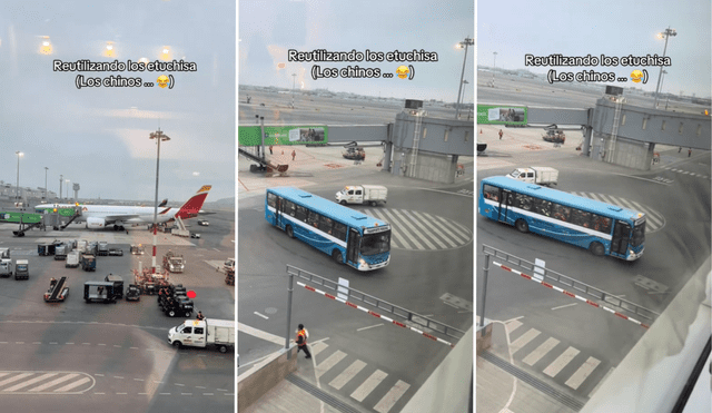 Un joven grabó la peculiar escena en la que un bus parecido a Los Chinos circulaba por las pistas de aterrizaje del aeropuerto Jorge Chávez. Foto: composición LR/TikTok/