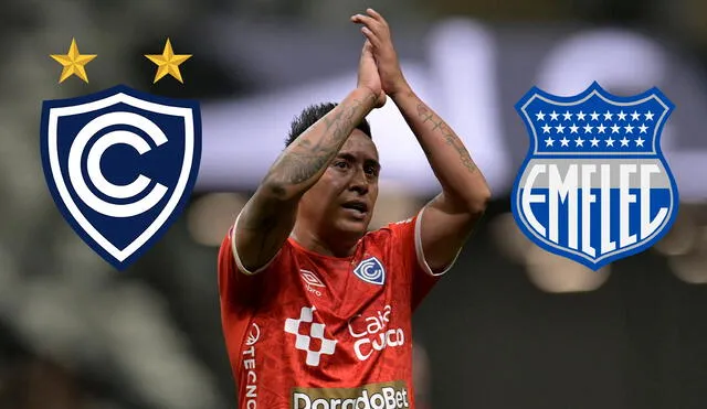 Christian Cueva fue anunciado como nuevo jugador de Emelec en el evento 'Verdadera Explosión Azul 2025'. Foto: composición LR/AFP Christian Cueva fue anunciado como nuevo jugador de Emelec en el evento 'Verdadera Explosión Azul 2025'. Foto: composición LR/AFP