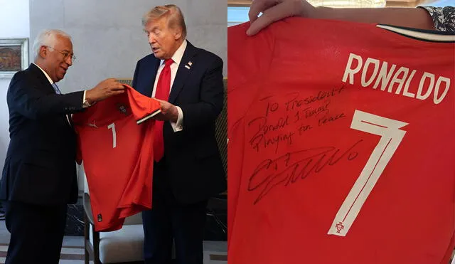 La camiseta firmada por Cristiano Ronaldo dice ''Jugando por la paz'', y se le regala a Trump en la Cumbre G7, en medio del conflicto en Medio Oriente. La camiseta firmada por Cristiano Ronaldo dice ''Jugando por la paz'', y se le regala a Trump en la Cumbre G7, en medio del conflicto en Medio Oriente.