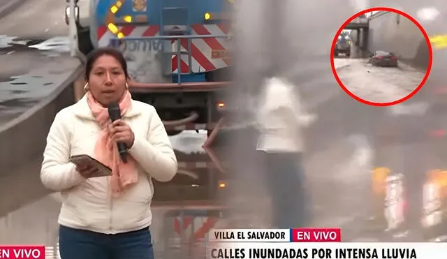 La reportera fue sorprendida por un chofer que pasó a toda velocidad y levantó el agua en pleno bypass. Foto: composición LR/ TikTok/ @eduardovargassotocaceres