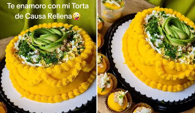 Singular torta de causa rellena está valorizada en aproximadamente S/75. Foto: composición LR/ @vickypasiones/ TikTok Singular torta de causa rellena está valorizada en aproximadamente S/75. Foto: composición LR/ @vickypasiones/ TikTok
