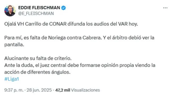 Eddie Fleischman arremete contra el árbitro Jordi Espinoza. Foto: captura de pantalla del X de Eddie Fleischman Eddie Fleischman arremete contra el árbitro Jordi Espinoza. Foto: captura de pantalla del X de Eddie Fleischman