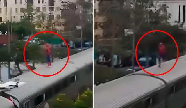 Durante la presentación de los trenes de la Municipalidad de Lima donados por EE. UU., un hombre disfrazado de Spider-Man realizó arriesgadas acrobacias.