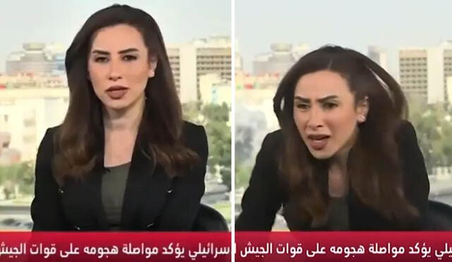 El ataque interrumpió en vivo una transmisión de Syria TV y sorprendiendo a la presentadora Dima Abodan, quien tuvo que evacuar el set. Foto: composición LR/Syria TV El ataque interrumpió en vivo una transmisión de Syria TV y sorprendiendo a la presentadora Dima Abodan, quien tuvo que evacuar el set. Foto: composición LR/Syria TV