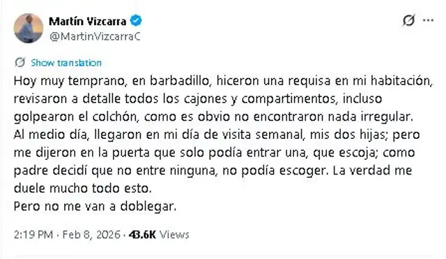  Tweet de Martín Vizcarra en el que denuncia requisas y restricciones en sus visitas.   