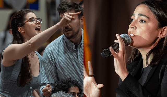 Alexandria Ocasio-Cortez addresses her constituents during a town hall in Queens, NY, while a protester interrupts, accusing her of war crimes over the Gaza conflict. Photo:GLR composition/ Fox News Alexandria Ocasio-Cortez addresses her constituents during a town hall in Queens, NY, while a protester interrupts, accusing her of war crimes over the Gaza conflict. Photo:GLR composition/ Fox News