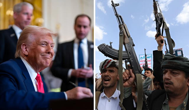 President Donald Trump announces the suspension of U.S. airstrikes on Houthi targets during a press briefing, signaling a potential shift in Middle East policy. Photo: GLR News Composition/ Bloomberg/ EFE President Donald Trump announces the suspension of U.S. airstrikes on Houthi targets during a press briefing, signaling a potential shift in Middle East policy. Photo: GLR News Composition/ Bloomberg/ EFE