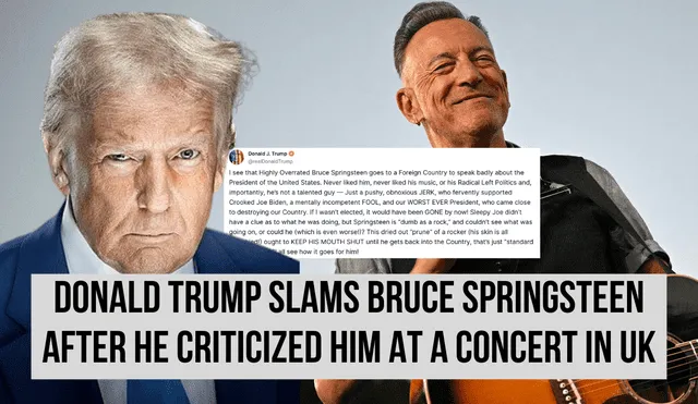 President Donald Trump responds to Bruce Springsteen’s criticism with a fiery social media rant. Photo: GLR composition/ France 24 /Drew ANGERER / AFP President Donald Trump responds to Bruce Springsteen’s criticism with a fiery social media rant. Photo: GLR composition/ France 24 /Drew ANGERER / AFP