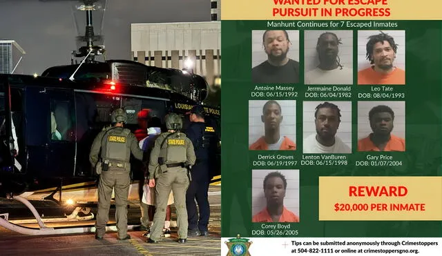 The Louisiana State Police lead the manhunt for seven escaped inmates from Orleans Justice Center, with full support from OPSO and partners. Photo: GLR News Composition/Orleans Parish Sheriff’s Office X account/ X The Louisiana State Police lead the manhunt for seven escaped inmates from Orleans Justice Center, with full support from OPSO and partners. Photo: GLR News Composition/Orleans Parish Sheriff’s Office X account/ X