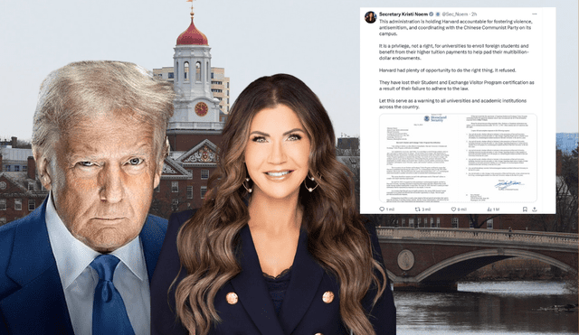 The Trump administration has revoke the student visa program on Harvard. Photo: GLR composition/ France24, Brittanica & Kristi Noem