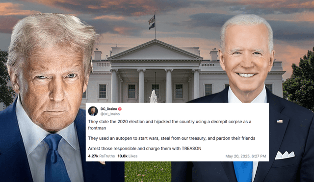 Trump shares a post calling Joe Biden a "decrepit corpse" and a 2020 election fraud. Photo: GLR composition/ France 24, White House & Architectural Digest