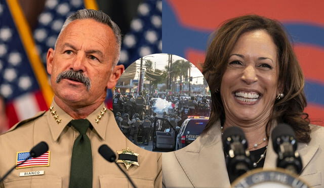 Sheriff Chad Bianco criticizes Kamala Harris’ remarks on anti-ICE protests, reaffirming that his department will uphold zero tolerance for violence while defending the right to peaceful protest. Photo: GLR News Composition/ AFP