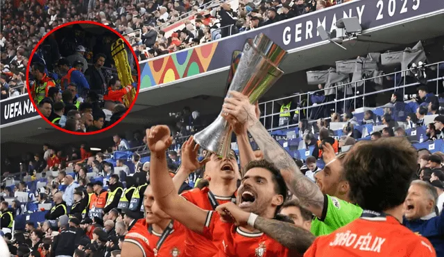 A fan dies after falling from a stand during the Nation League final between Portugal and Spain at the Allianz Arena in Munich. Photo: GLR Composition/The Straits Times/NBC News/Yahoo Sports A fan dies after falling from a stand during the Nation League final between Portugal and Spain at the Allianz Arena in Munich. Photo: GLR Composition/The Straits Times/NBC News/Yahoo Sports