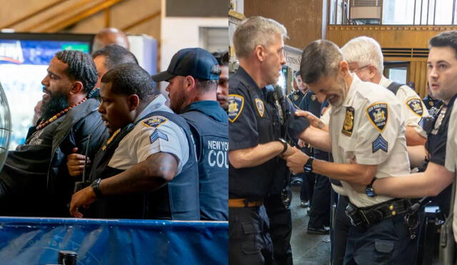 Officers confront a knife-wielding attacker inside a Manhattan courthouse, where two people were stabbed in a shocking daytime assault. Photo: GLR News Composition/Steven Hirsch Officers confront a knife-wielding attacker inside a Manhattan courthouse, where two people were stabbed in a shocking daytime assault. Photo: GLR News Composition/Steven Hirsch