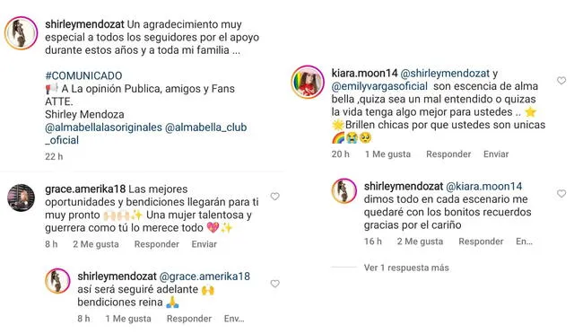 9.9.2022 | Comentarios de Shirley Mendoza en su comunicado sobre Alma Bella - Las Originales. Foto: captura Shirley Mendoza/Instagram