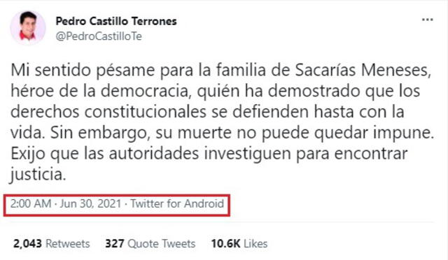 Tras conocer la primera versión de su muerte, el candidato Pedro Castillo brindó sus condolencias a los familiares de Sacarías Meneses. Foto: Captura Twitter. Tras conocer la primera versión de su muerte, el candidato Pedro Castillo brindó sus condolencias a los familiares de Sacarías Meneses. Foto: Captura Twitter.